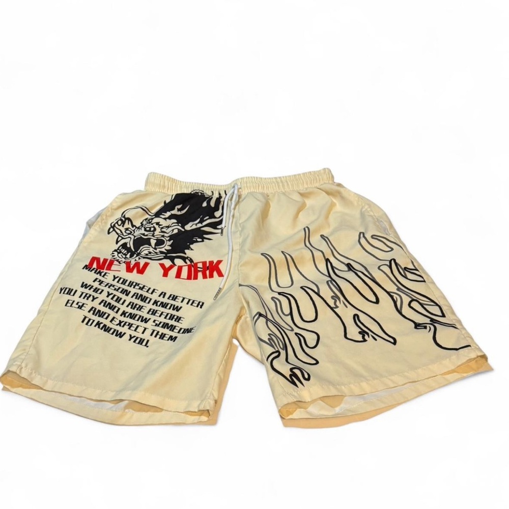 Romwe Graphic Flame Print New York Shorts - Cream & Black